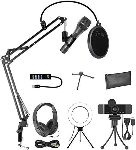 AT2005USB Cardioid Dynamic USB/XLR Microphone Bundle with Blucoil 1080p USB Webcam, Boom Arm Plus Pop Filter, 6" Ring Light, Samson SR350 Over-Ear Stereo Headphones, and USB-A Mini Hub