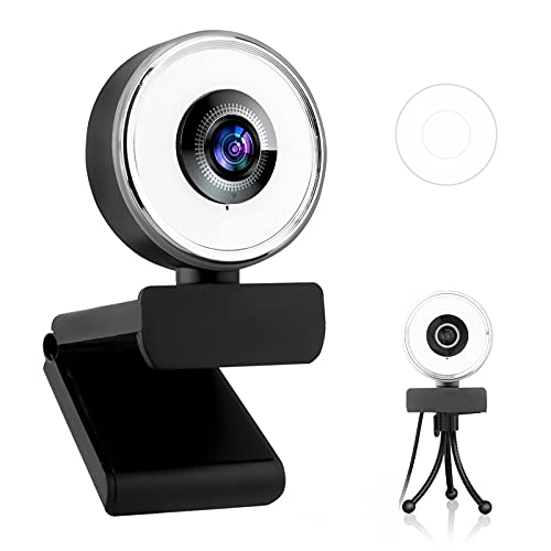 1080P Webcam with Microphone and Privacy Protection, Streaming Camera Built-in 3-Level Adjustable Brightness Ring Light, Autofocus Web Cameras with Tripod for Computers, Laptop, Desktop