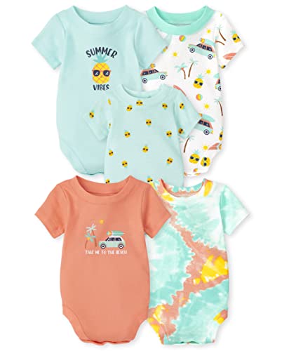 The Children s  Baby 5 Pack Short Sleeve 100  Cotton Bodysuits, Beach Pineapple, 0-3 Months