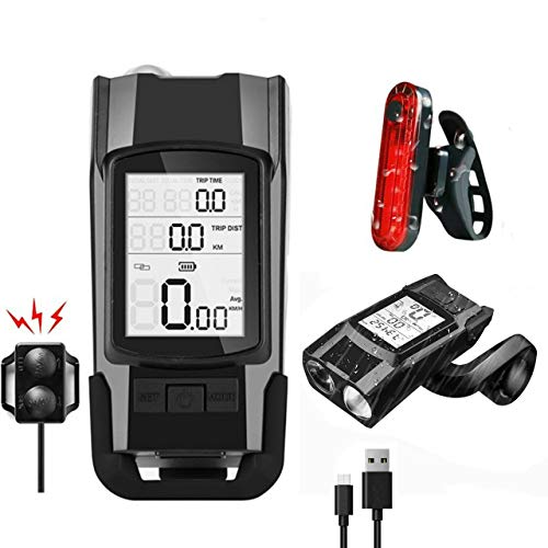 4-in-1 Bike Lights Set, Bike Computer with Light,Horn and Tail Light,Rechargeable IPX6 Waterproof Bike Speedometer Odometer,Bike Lights Front and Back,Cycling Computer for All Bikes (Black)