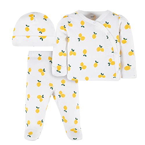Baby Hospital Pointelle Outfit Shirt, Footed Pant and Cap, White Lemons, 0-3 Months