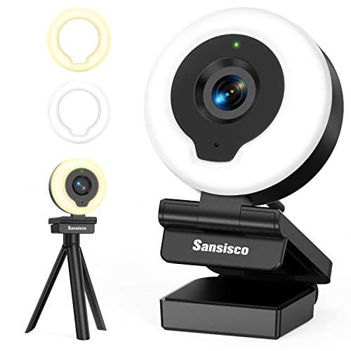 Webcam with Ring Light, AutoFocus FHD 1080P Webcam with Microphone, 2 Colors and 3-Level Brightness, Plug and Play Computer Camera, Streaming Web Camera for Laptop MacBook PC for Zoom, Skype