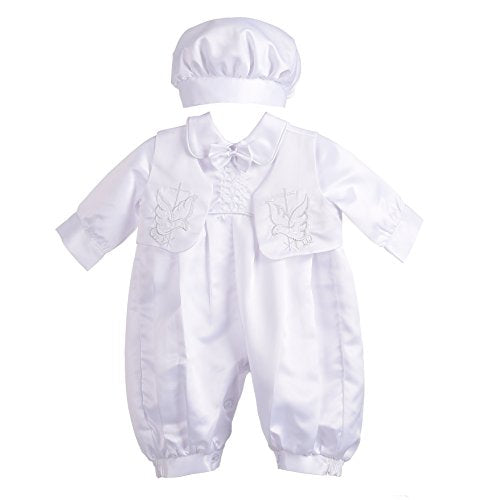 Baby Boys  Christening Baptism Outfit Romper Formal Wear Embroidery Cross Vest 3 Piece Set Size 0-3 Months White