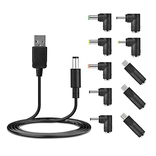 USB to DC 5V Power Cord, Universal DC 5.5x2.1mm Plug Charging Cable with 10 Connector Tips(5.5x2.5, 4.8x1.7, 4.0x1.7, 4.0x1.35, 3.5x1.35, 3.0x1.1, 2.5x0.7, Micro USB, Type-C, Mini USB)