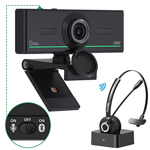 1080P Bluetooth Webcam with Bluetooth Headset, HD Webcam USB Web Camera with Microphone, Plug and Play, Streaming Webcam for Zoom Meeting Skype Facetime Teams, PC Mac Laptop Desktop