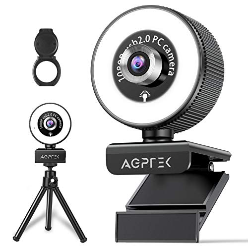 Webcam with Ring Light, 1080P USB Web Camera with Microphone, 3-Level Adjustable Brightness and Privacy Cover, Plug and Play Streaming Computer Camera for Zoom/Skype/Video Conferencing/Teachin