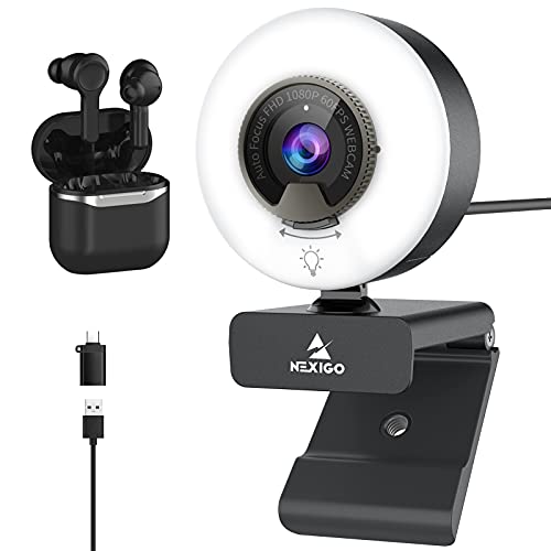 60FPS 1080P Streaming Webcam with Wireless Earbuds, AutoFocus USB Web Camera with Ring Light & Privacy Cover, Active Noise Cancelling Earphones, for Zoom/Skype/Teams/Webex, MAC PC