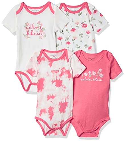 Girls' 4 Pieces Pack Bodysuits, Coral Reef/Equator Pink/White Luster, 0-3 Months