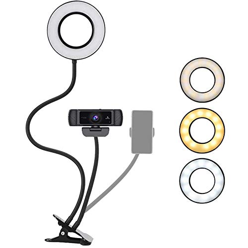 1080P 60FPS Webcam Lighting Kit with Microphone, 3.5 Inch Selfie Ring Light, Mount Stand, and Buil-in Privacy Cover, 360 Degrees Flexible Arms, for Live Streaming, Online Class, Zoom Skype MS Teams