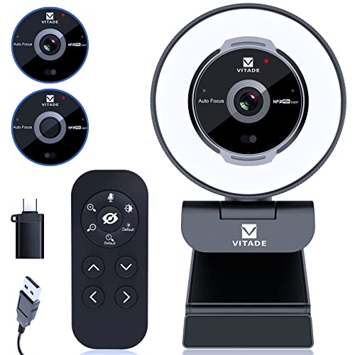 Zoomable Webcam with Remote Control, 1080P 60FPS Streaming Webcam with Ring Light and Microphone, Pro USB Webcam with 5X Digital Zoom Built in Privacy Cover for Zoom/Skype Teams/PC/Laptop/Mac