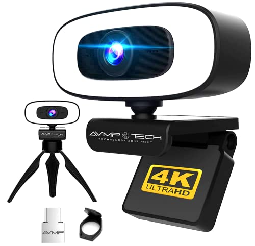4K Webcam with Ultra HD 8MP Autofocus Ring Light, USB-C Adaptor, Privacy Lens Cover and Webcam Tripod Stand