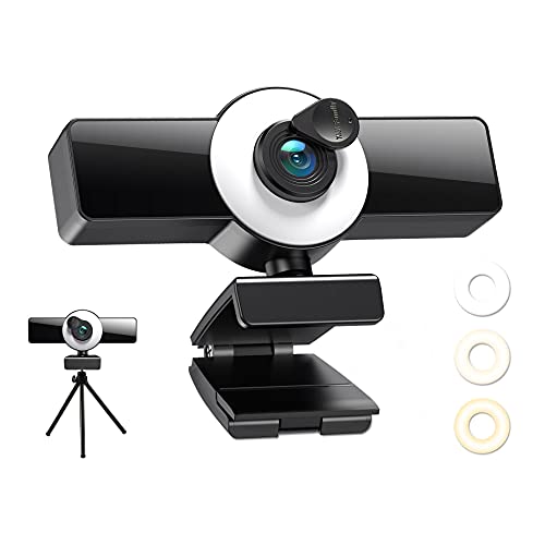 1080P Webcam with Microphone, Web Camera with Fill Light Privacy Cover and Tripod, Computer Camera for Zoom Meeting, Streaming, Video Call