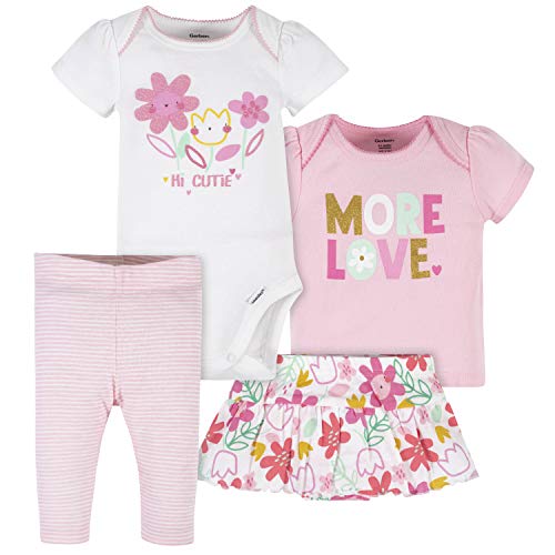 Baby Girls' Toddler 4-Piece Shirt, Skirted Panty and Pant Set, Pink Garden Onesie, 0-3 Months