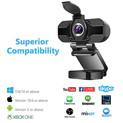 Webcam 1080P with Microphone & Privacy Cover, Full HD USB Camera for PC, Mac, Laptop, Desktop, Plug&Play, USB Web Camera with Auto Light Correction for YouTube Skype Video Calling Studying Conference