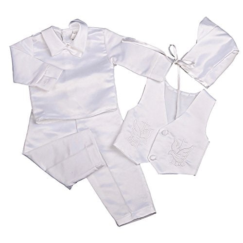 Baby Boys Baptism Christening Clothing Outfit White  Suit 4 Piece Set with Bonnet Size 0-3 Months Long Sleeve