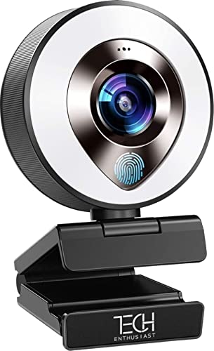 Tech Enthusiast 4K Webcam w/RingLight, 3264x2448 Dynamic Resolution, AI AutoFocus, Noise Reducing Mic, Touch LED Ring Light, Plug n' Play, Works w/Windows/Mac, VideoConferencing/Streaming/Gaming