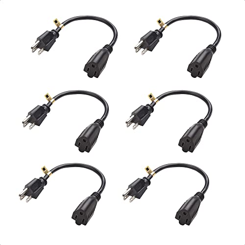 6-Pack 16 AWG Heavy Duty Power Extension Cord 1 ft, UL Listed (Outlet Saver / Power Cord Extension / 3 Prong Extension Cords, NEMA 5-15P to NEMA 5-15R)