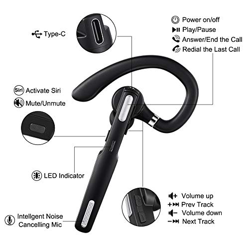 Bluetooth Headset, Wireless Bluetooth Earpiece V5.0 8-10 Hours Talktime Stereo Noise Cancelling Mic, Compatible for iPhone Android Cell Phones Driving/Business/Office (Black)