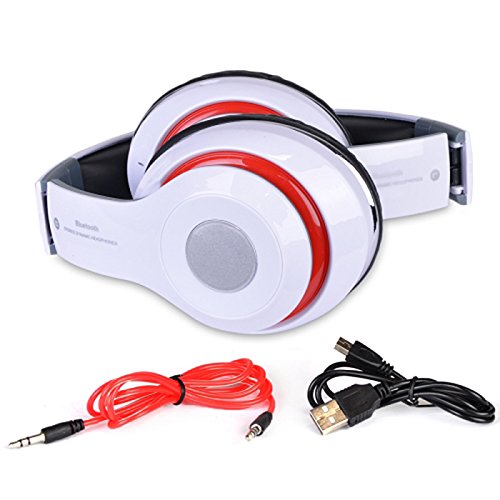 Bluetooth Rechargeable Over Ear Headset Foldable Wireless Wired Headphones with Memory Card Slot Built-in FM Tuner Microphone Audio Cable for Phone TV Computer MP3 Player - White
