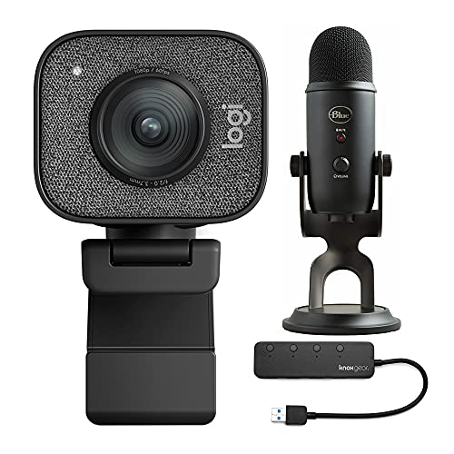 StreamCam Plus Webcam with Tripod and Blue Microphones Yeti Blackout Mic and Knox Gear 4-Port USB Hub Bundle (3 Items)