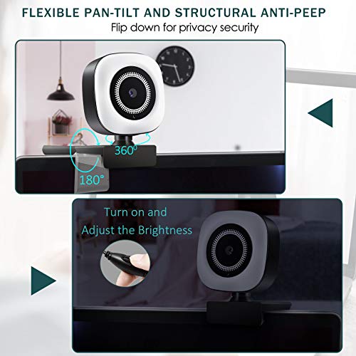 2021 New Upgraded 2K 1440P Streaming Webcam with Ring LightWebcam with Microphone for Desktopwith Flexible Rotable Wide Angle, Plug and Play, for Zoom Skype YouTube, PC Laptop Computer