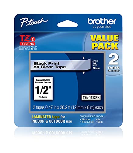 Genuine P-touch TZE-1312PK Tape, 1/2" (0.47") Standard Laminated P-touch Tape, Black on Clear, Perfect for Indoor or Outdoor Use, Water Resistant, 26.2 Feet (8M) each, Two-Pack