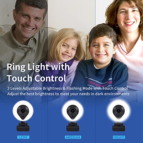2K HD Webcam with Microphone, Portable Streaming Webcam with 3-Levels Ring Light, Auto-Focus, USB 2.0 Plug and Play, Wide Angle Webcam for PC Desktop Laptop MAC/Skype/YouTube/TikTok Streaming