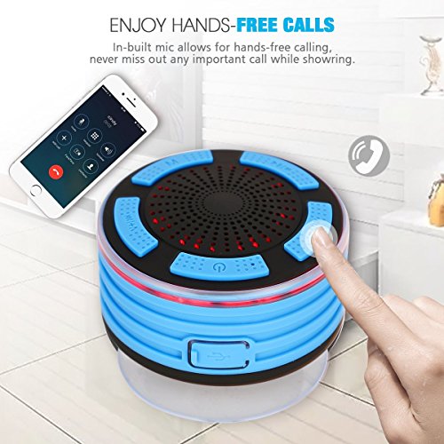 Bluetooth Shower Speaker Wireless Waterproof Speaker with FM Radio and Multi-Color LED Lights Suction Pad Handsfree Loudspeaker Used for Boat/Car/Shower/Bathroom/Pool/Beach/Outdoor (Blue)