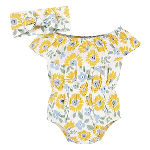 Baby Girls 2-Piece Wide Neck Romper & Headband Set, Yellow Sunflower, 0-3 Months