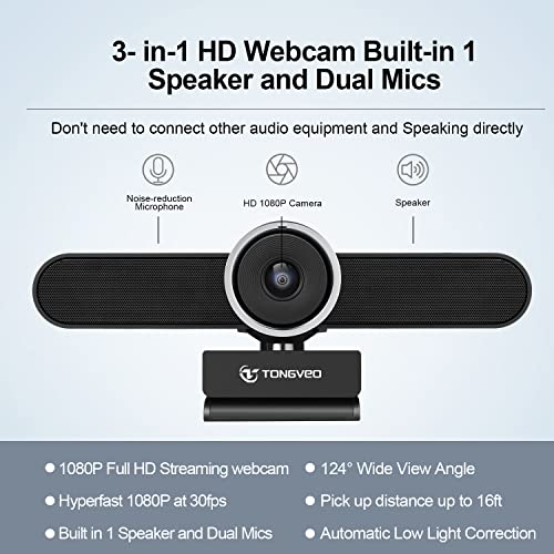 Wide Angle Webcam with Microphone and Speaker, Conference Room USB 1080P Web Camera for Smart TV Computer Video Call Streaming Meeting, Works for Microsoft Teams, Zoom, PC