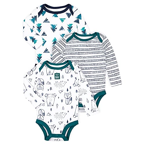 boys Pure  Cotton Long Sleeve Bodysuit, 3 Pack Shirt, Woodland Fox and Bear, 3-6 Months US