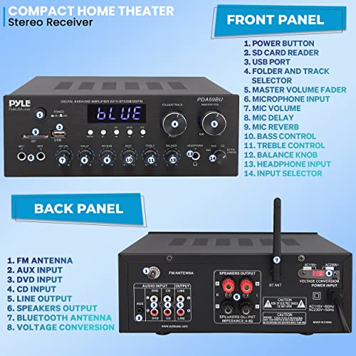 Bluetooth Home Audio Amplifier Receiver Stereo 300W Dual Channel Sound Audio System w/MP3, USB, SD, AUX, RCA, MIC, Headphone, FM, LED, Reverb Delay, for Home Theater Speakers, Studio PDA69BU