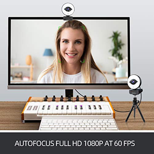 60FPS 1080P Webcam with Ring Light, Auto-Focus with Tripod, PA552 Pro Full HD Streaming Web Camera with Dual Microphones, Plug and Play for PC Mac Laptop Desktop Computer Online Conference