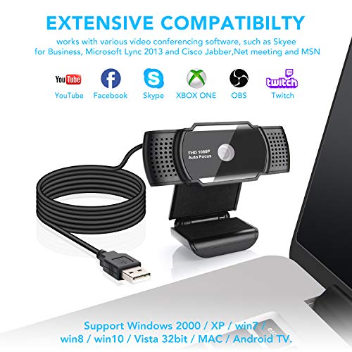 FHD Webcam with Microphone,1080P Web USB Camera,5 Million Pixels Auto Focus,Computer HD Streaming Webcam for PC Desktop Laptop with Built-in Mic,for Video Conferencing,Recording and Streaming