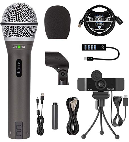 Q2U USB/XLR Dynamic Microphone for Windows, Mac, iOS Devices, Mixers, and PA Systems Bundle with Blucoil 1080p USB Webcam, USB-A Mini Hub, and 3-FT USB 2.0 Type-A Extension Cable