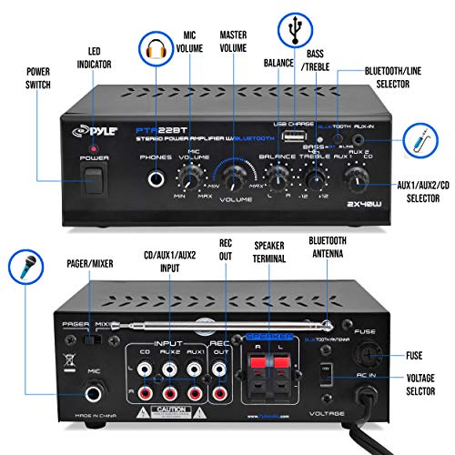 Bluetooth Mini Blue Series Home Audio Amplifier - Compact Desktop Home Theater-Stereo Amplifier Receiver with USB Charge Port - Pager & Mixer Karaoke Modes - Mic Input (40 Watt x 2) - PTA22BT