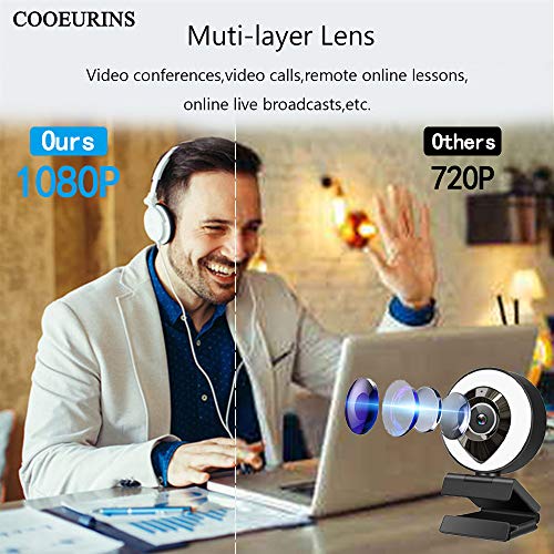 PC Webcam 1080P HD Computer Camera Built in Adjustable Ring Light & Microphone,Wide Angle,Fast autofocus AF Web Camera Streaming for Zoom/Skype/Teams/OBS, Meet and Video Calling Accessories