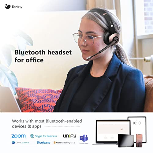 Bluetooth Headset, Wireless Headphones with Microphone Noise Cancelling, On Ear Headphones with Mic Mute, Handsfree PC Headsets for Zoom/Ms Teams/Skype 26H Playtime Dual Connect Laptop iPhone Tablet
