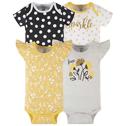 Baby Girls' 4-Pack Short Sleeve Onesies Bodysuits, Yellow Sparkle, 3-6 Months