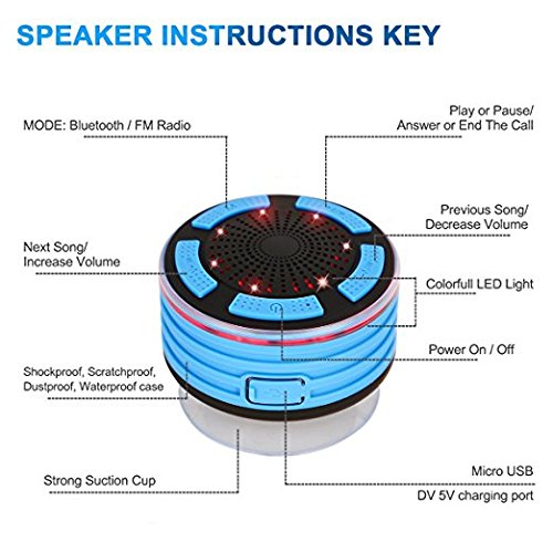 Bluetooth Shower Speaker Wireless Waterproof Speaker with FM Radio and Multi-Color LED Lights Suction Pad Handsfree Loudspeaker Used for Boat/Car/Shower/Bathroom/Pool/Beach/Outdoor (Blue)