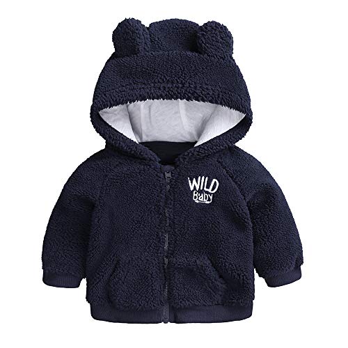 Infant Baby Boys Girls Cartoon Fleece Hooded Jacket Coat with Ears Warm Outwear Coat Zipper Up (0-3M, Navy Blue)