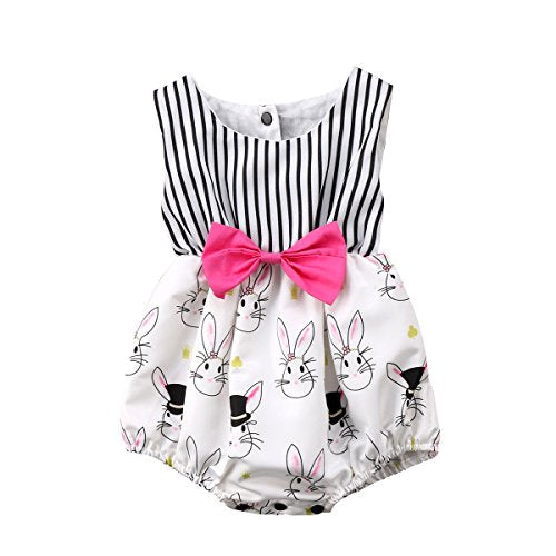 Baby Girl Summer  Outfit Cartoon Bunny Sleeveless Striped Romper Bodysuit with Bowknot White