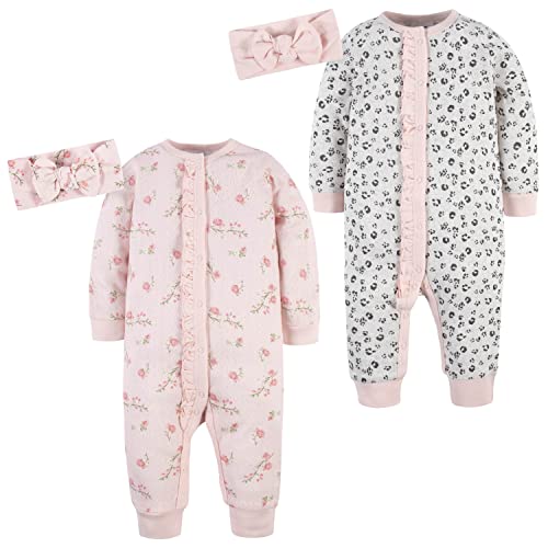 Baby Girls' 4-Piece Coveralls & Headband Sets, Leopard & Floral, 3-6 Months