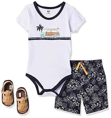 Unisex  Cotton Bodysuit, Shorts and Shoe Set, Surf Car, 0-3 Months