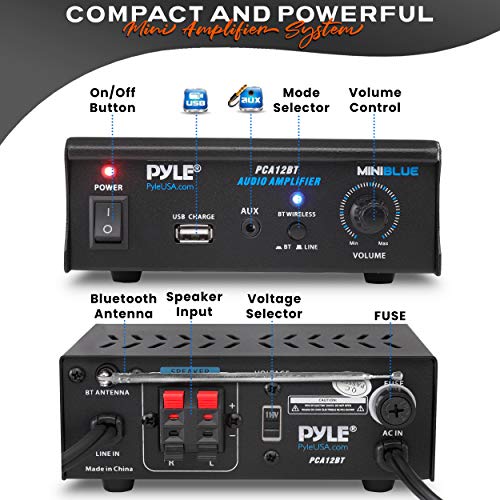 Bluetooth Stereo Amplifier - Mini Blue Series Audio Power Amplifier | Wireless Streaming | USB Charge Port | AUX (3.5mm) Jack | 2 x 25 Watt (PCA12BT)