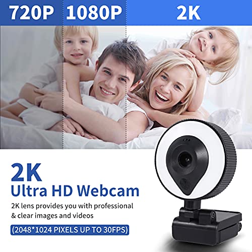 2K HD Webcam with Microphone, Portable Streaming Webcam with 3-Levels Ring Light, Auto-Focus, USB 2.0 Plug and Play, Wide Angle Webcam for PC Desktop Laptop MAC/Skype/YouTube/TikTok Streaming