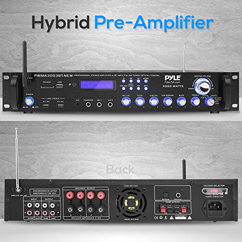 Bluetooth Home Audio Power Amplifier -4 Ch. 3000W, Stereo Receiver w/ Speaker Selector, FM Radio, USB, Headphone, 2 Wireless Mics for Karaoke, Great for Home Entertainment System PWMA3003BT.NEW