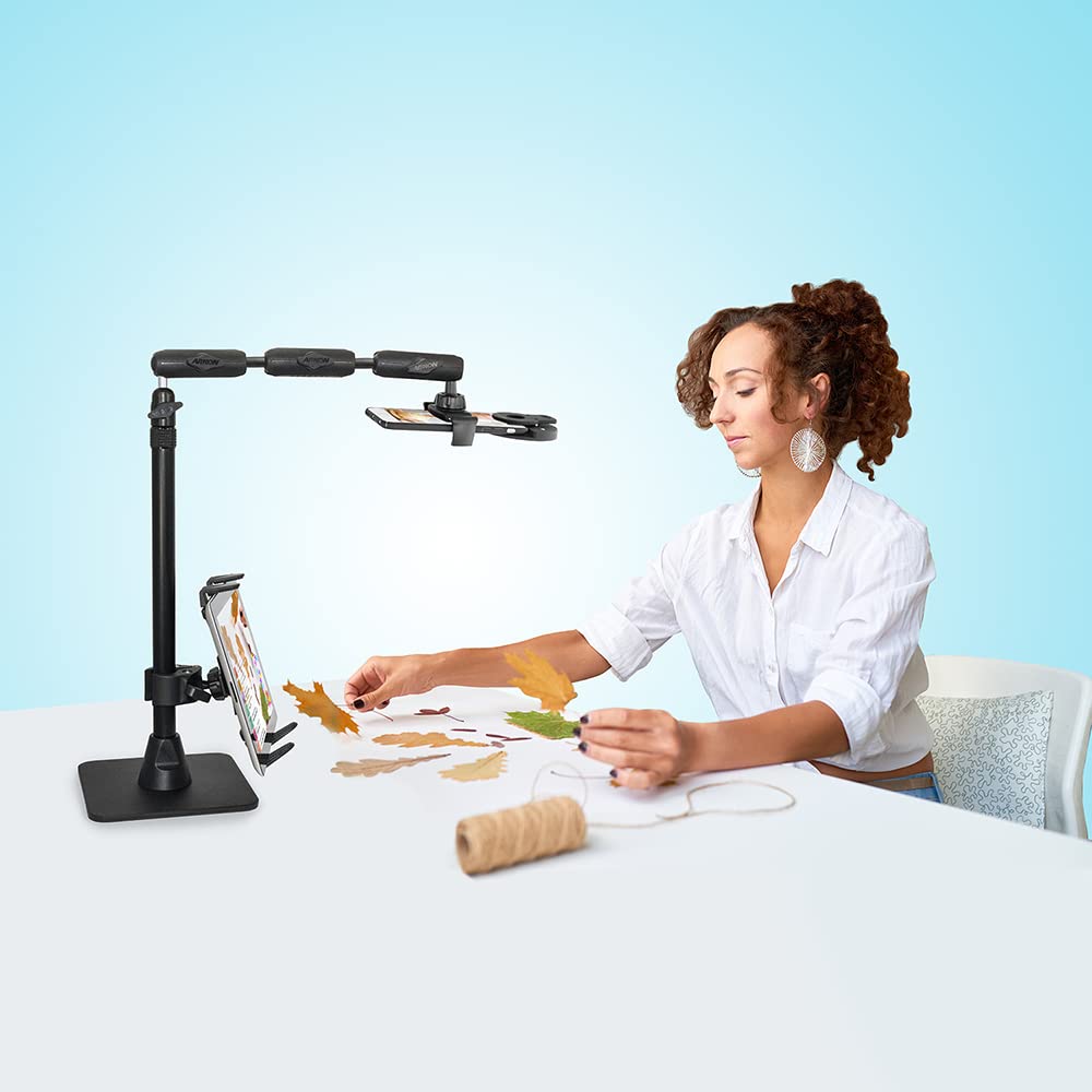 Gooseneck Phone Holder Full Kit - Adjustable Overhead Arm Cell Phone Mount and Tablet Table Top Stand with Ring Light - Professional Flexible Monopod Holders for Horizontal Filming