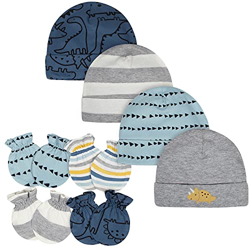 Baby Boy s 8 9-Piece Cap and Mitten Sets, 8pc Blue Dino, 0-3 Months