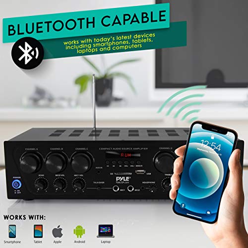 Bluetooth Home Audio Amplifier System - Upgraded 6 Channel 750 Watt Wireless Home Sound Power Stereo Receiver w/ USB, Micro SD, Headphone, 2 Microphone Input w/ , Talkover for PA - PTA62BT.5
